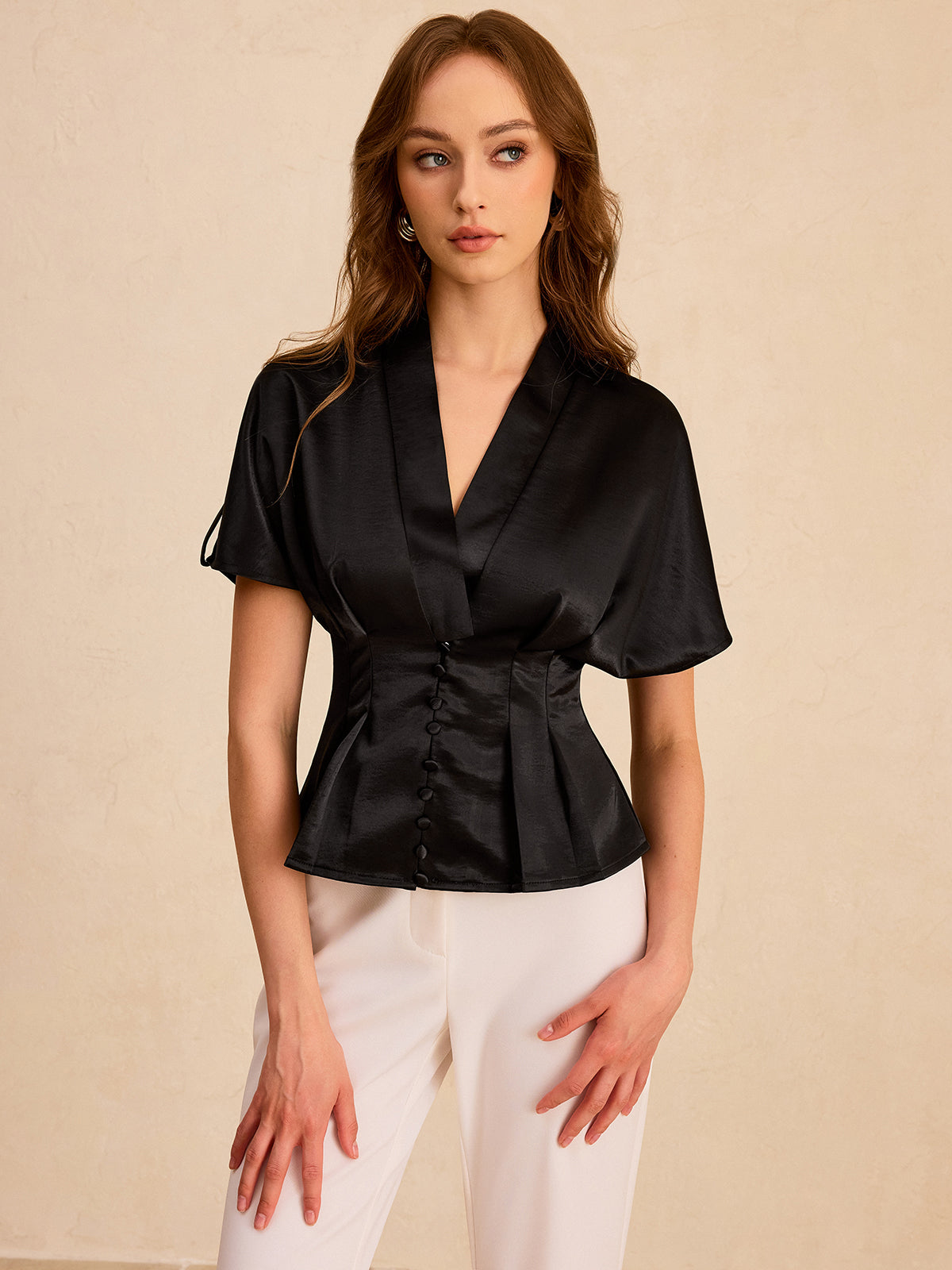 Satin Pleated Button Peplum Top