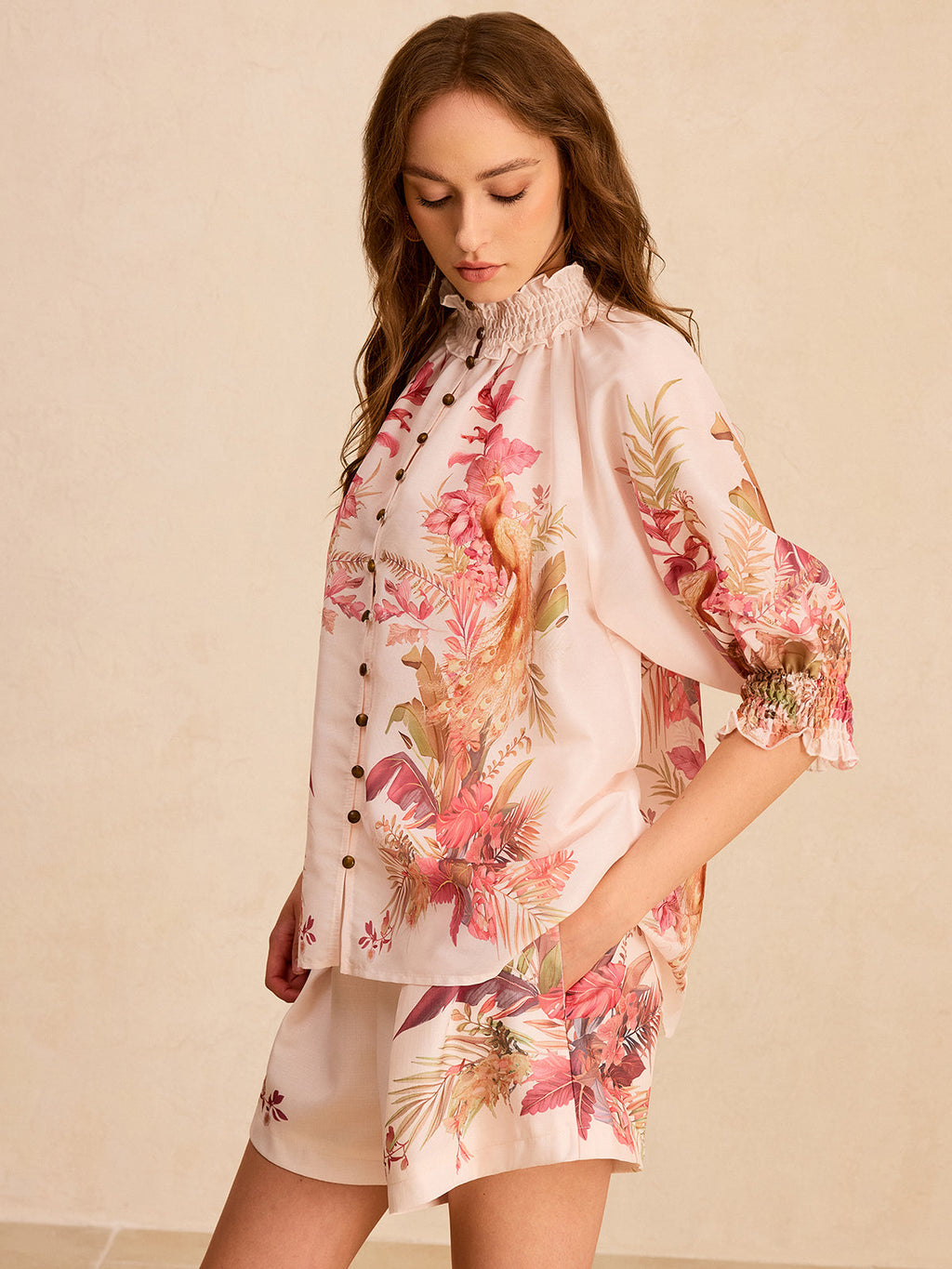 Floral Print Ruffled Mock Neck Blouse
