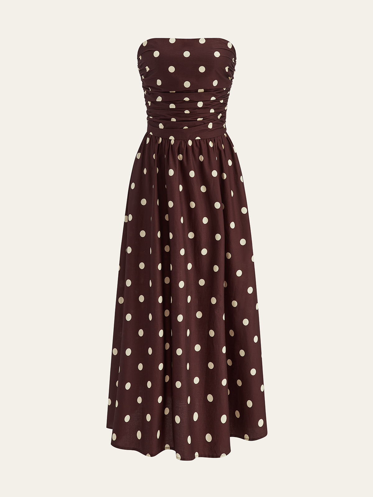 Strapless Polka Dot Ruched Midi Dress