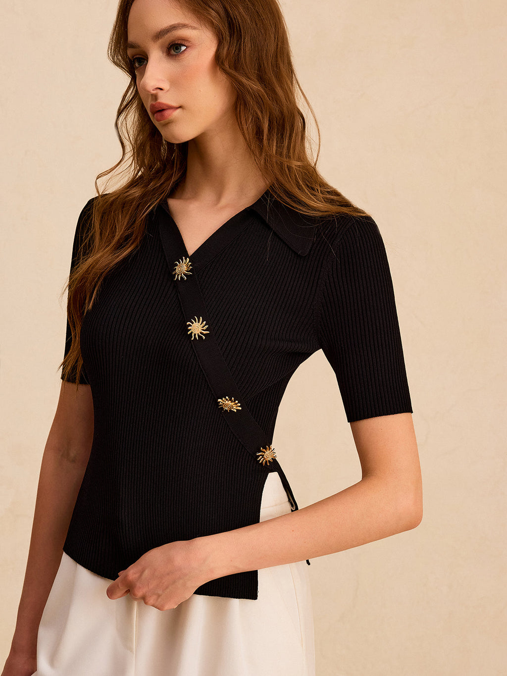 Asymmetric Metal Button Ribbed Knit Polo Top