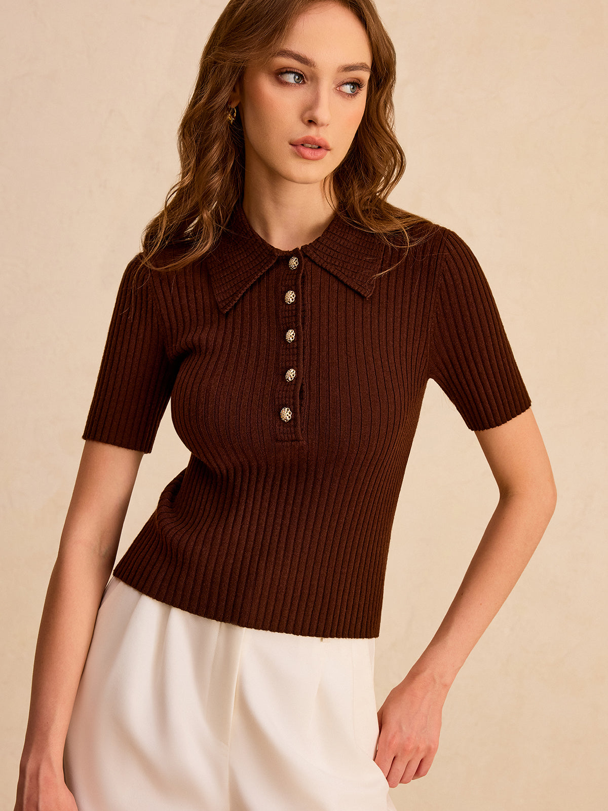Metal Button Ribbed Knit Polo Top