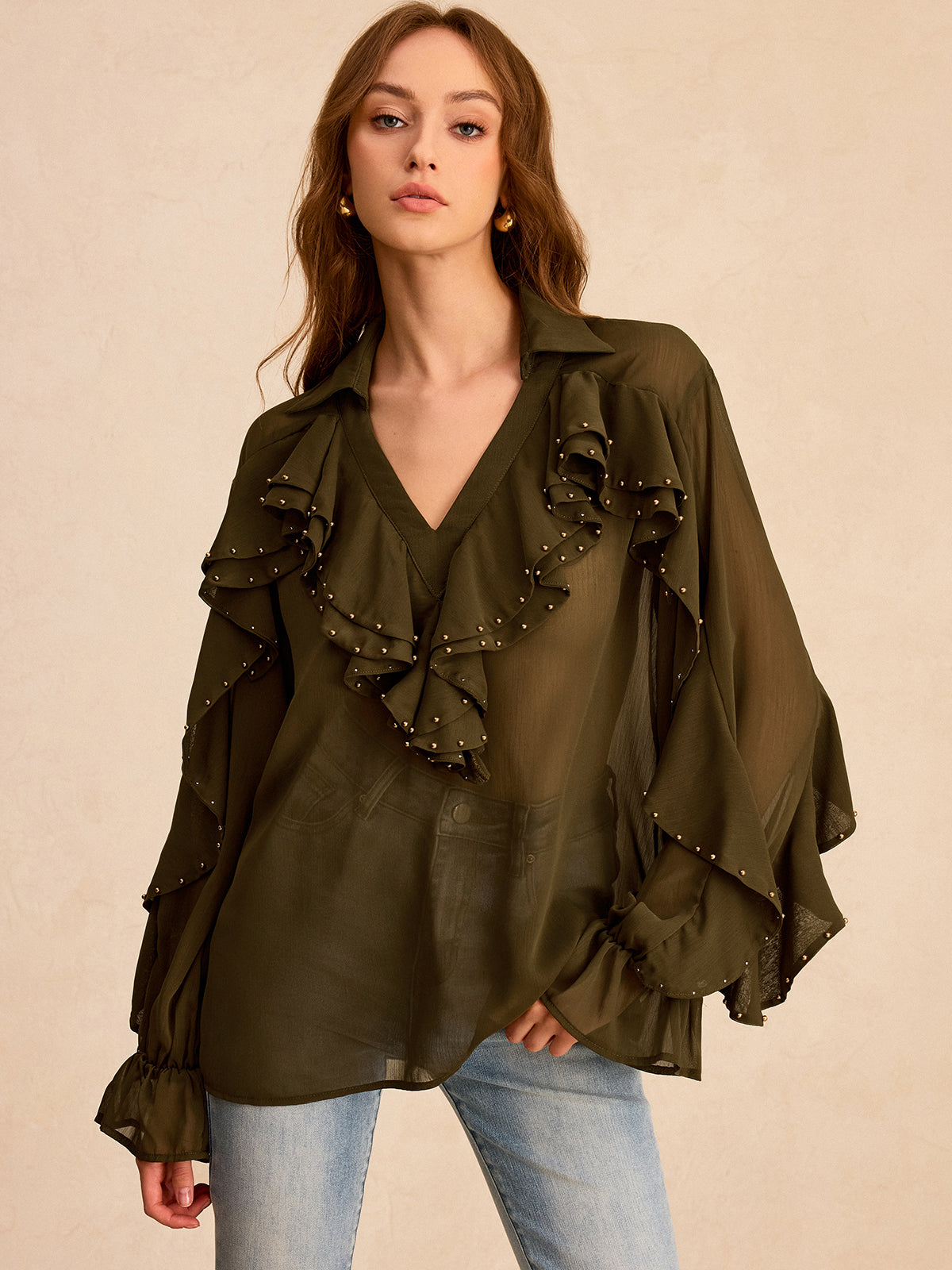 Semi-Sheer Chiffon Ruffle Shirt with Stud Embellishments
