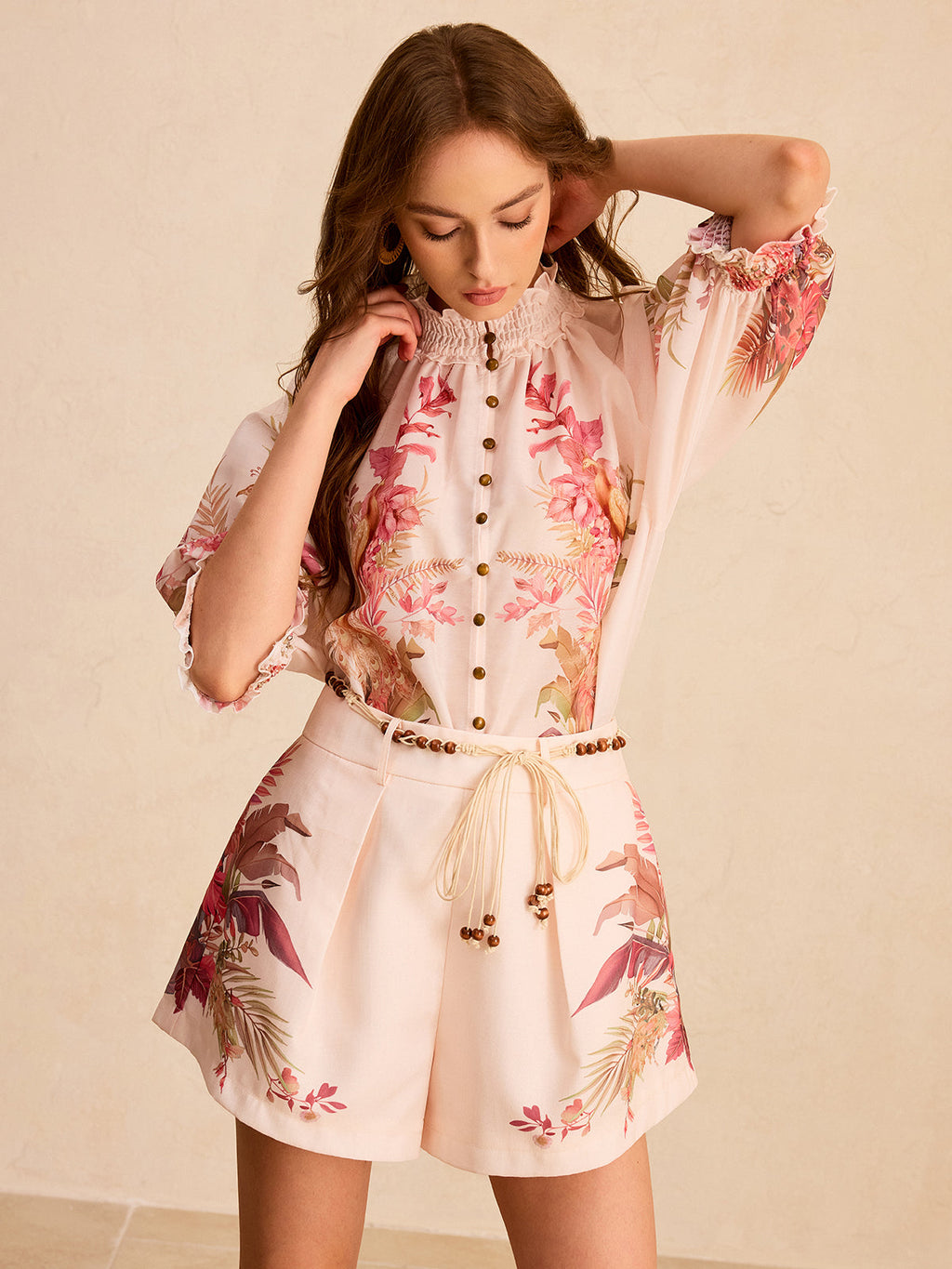 Floral Print Ruffled Mock Neck Blouse