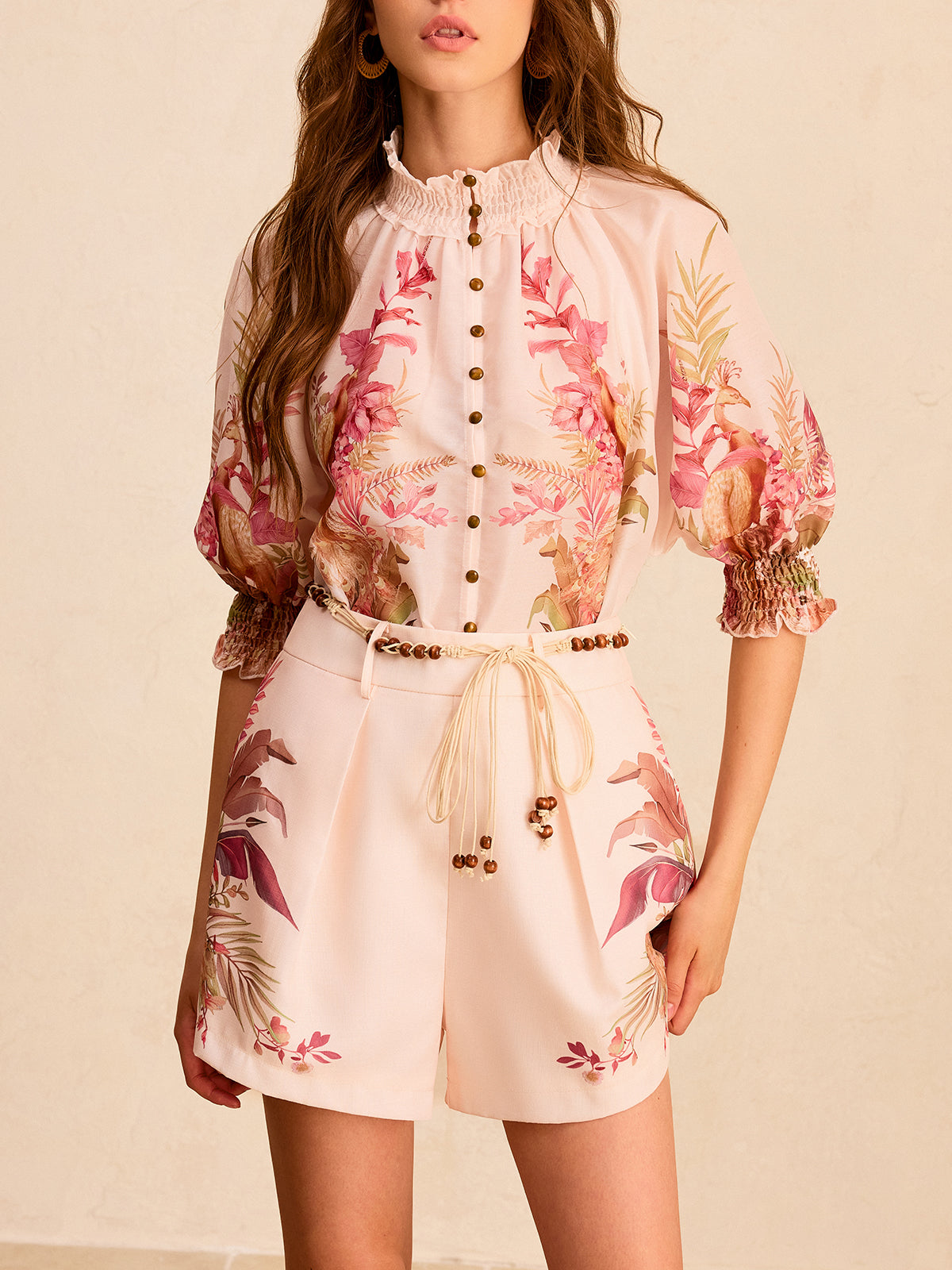 Chemisier à col montant volanté imprimé floral 