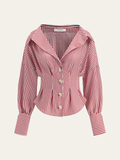 Striped Collared Shirt with Waist-Cinching Design