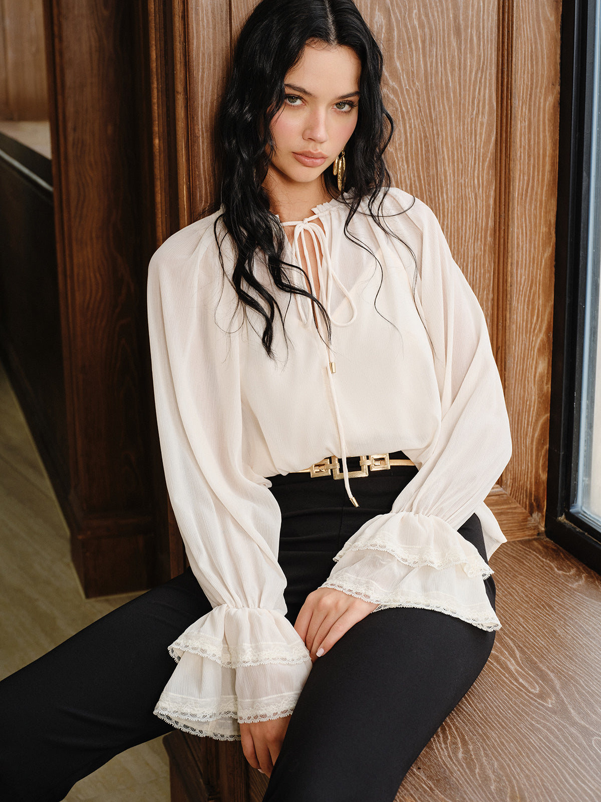 Bell Sleeve Sheer Chiffon Blouse Set with Liner