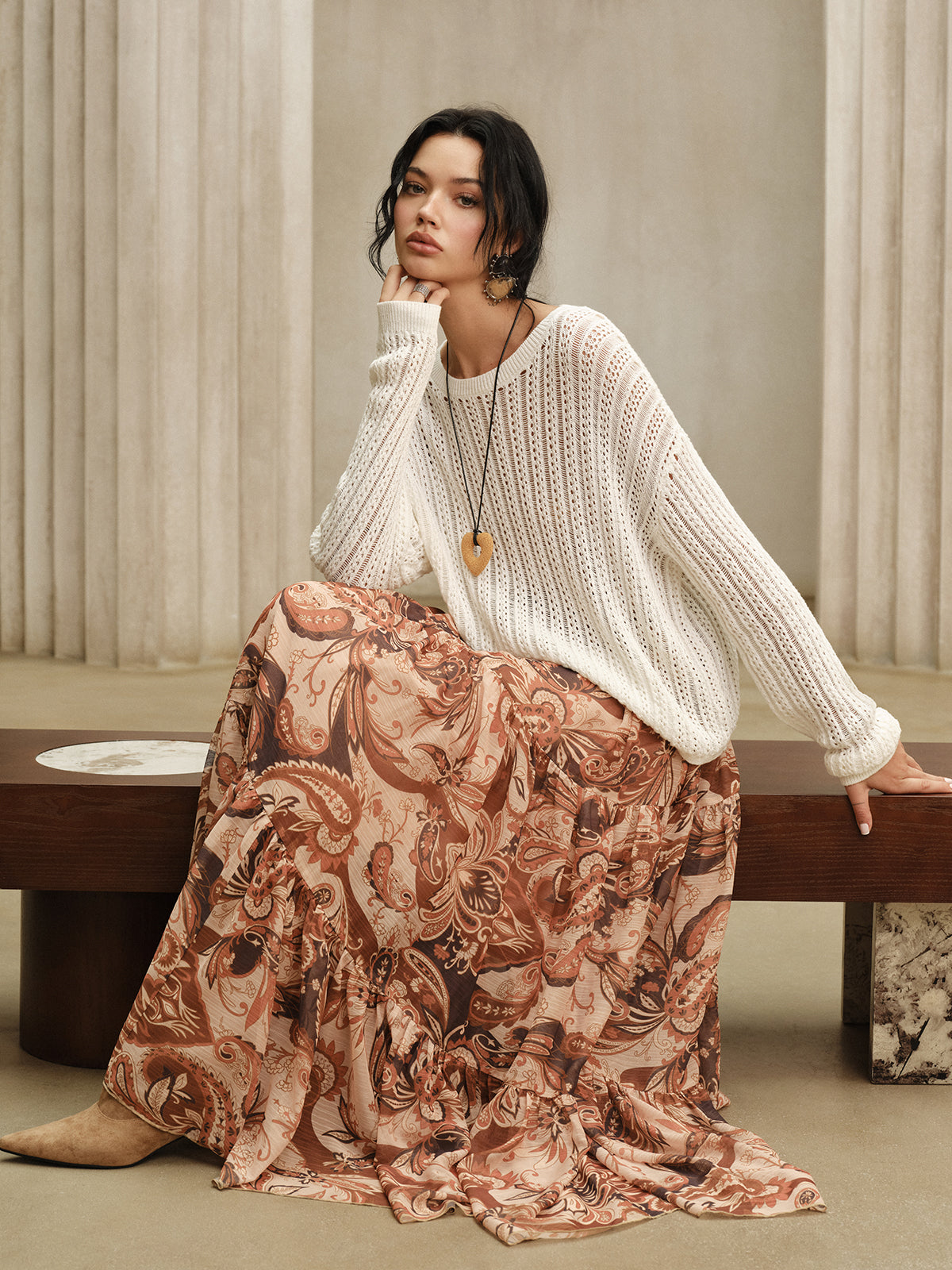 Jupe longue en mousseline imprimée bohème 