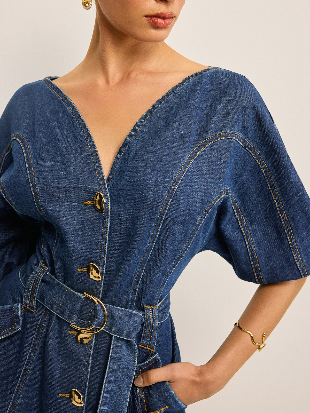 Pocketed Belted Denim Dress
