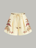 Belted Tropical Print Mid-Waist Shorts