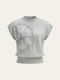Flower Applique Cap Sleeve Knit Top