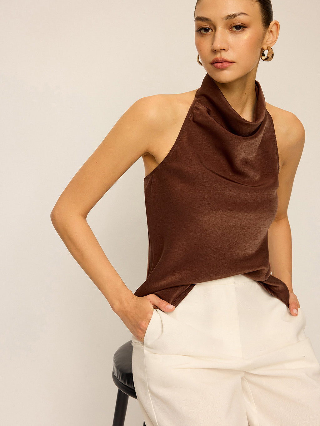 Satin Cowl Neck Halter Backless Top