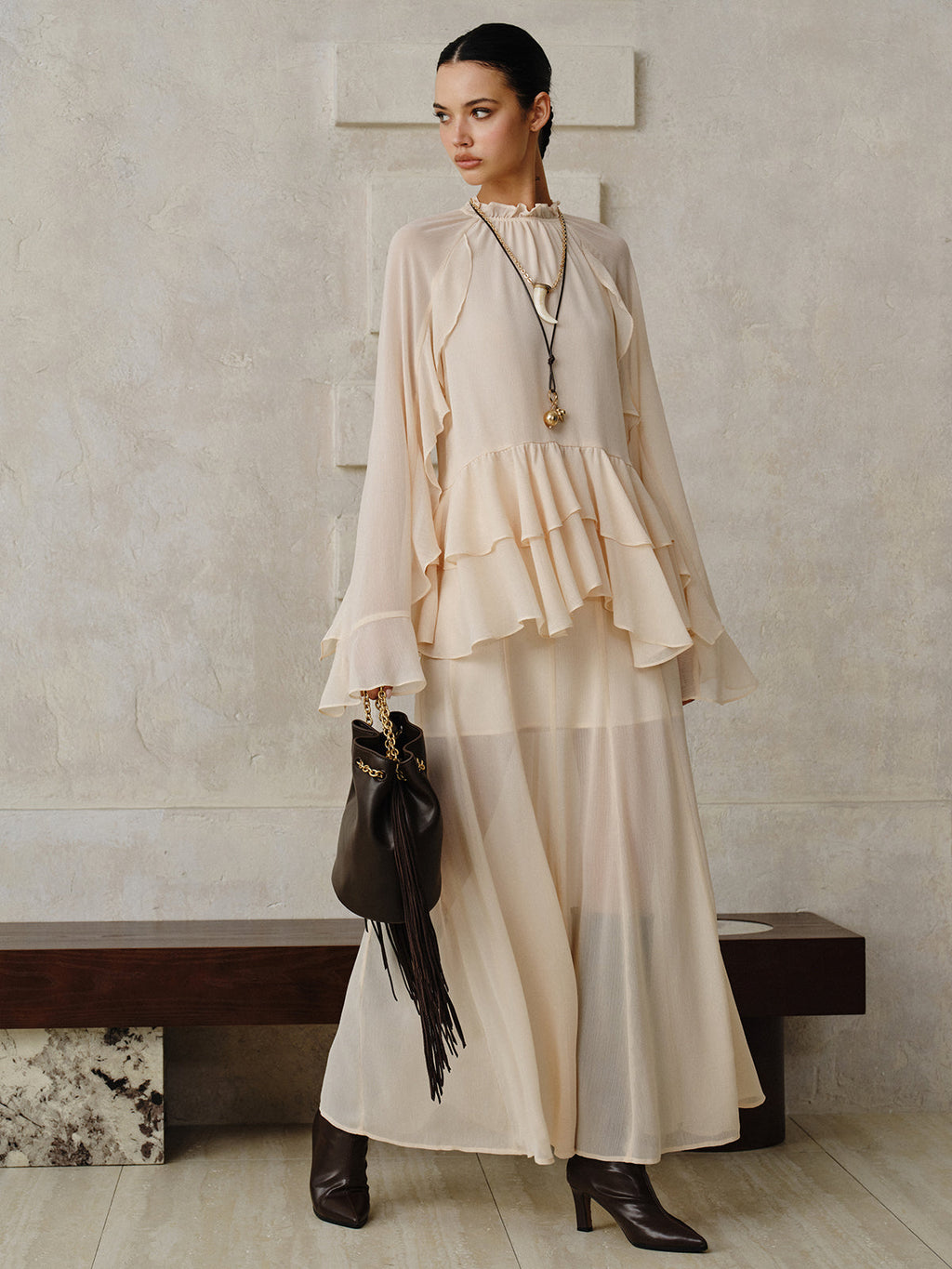 Chiffon-Stufenrüschen-Oberteil und Rock-Set