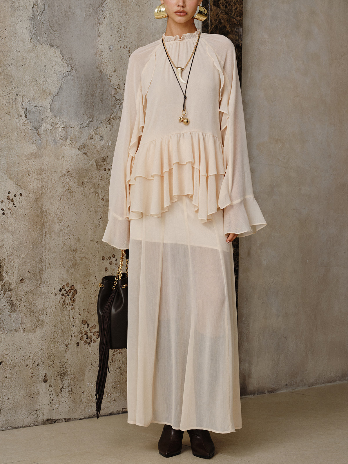 Chiffon-Stufenrüschen-Oberteil und Rock-Set