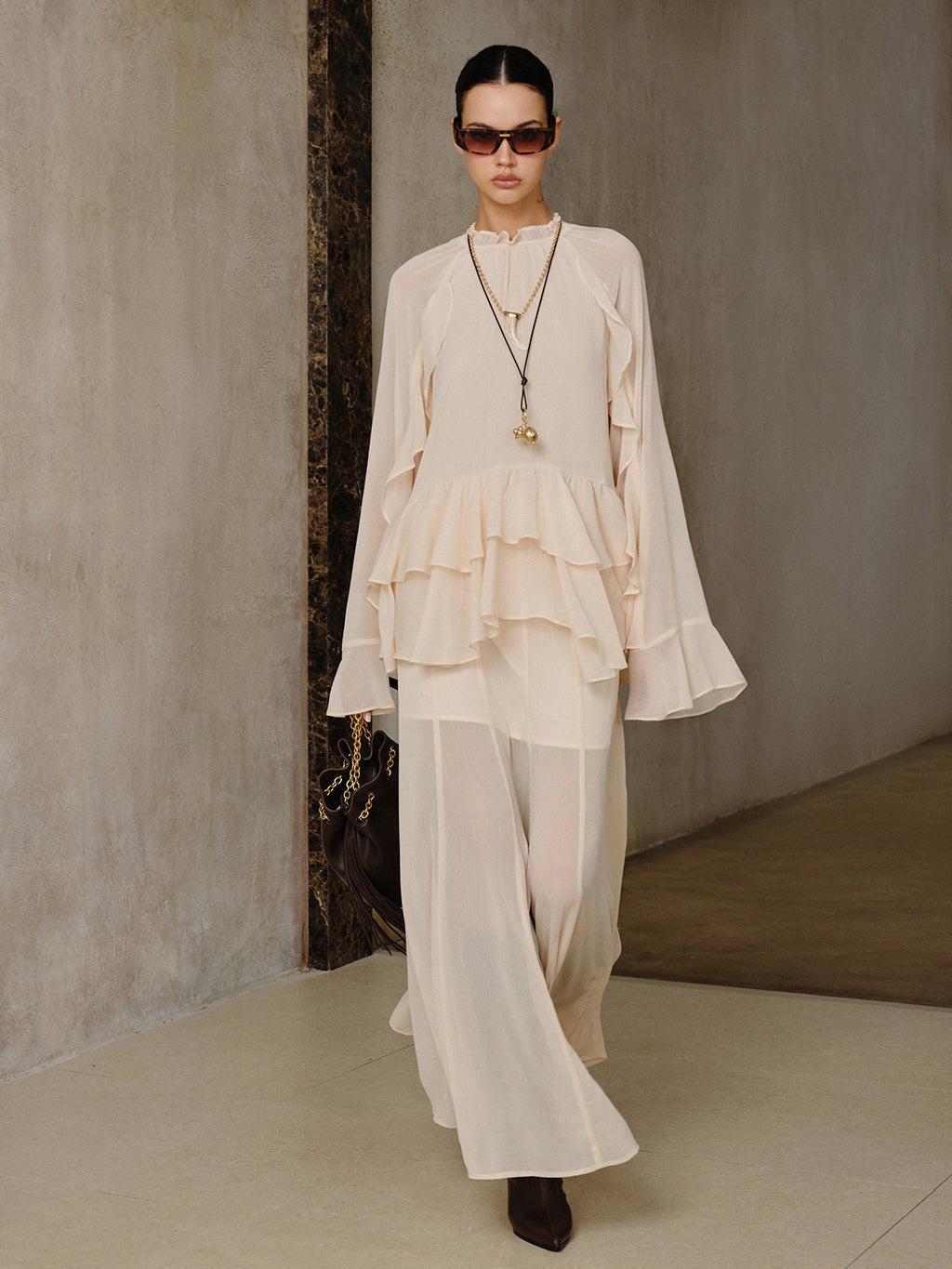 Chiffon-Stufenrüschen-Oberteil und Rock-Set