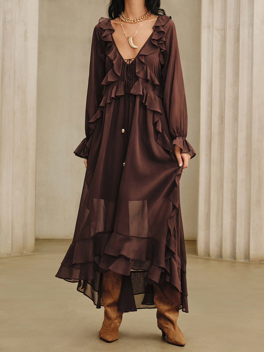 Maxikleid-Set aus gerafftem Chiffon mit Unterkleid