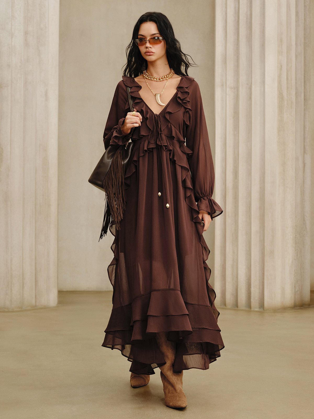 Ensemble Robe Longue en Mousseline Volantée avec Robe Doublure Caraco