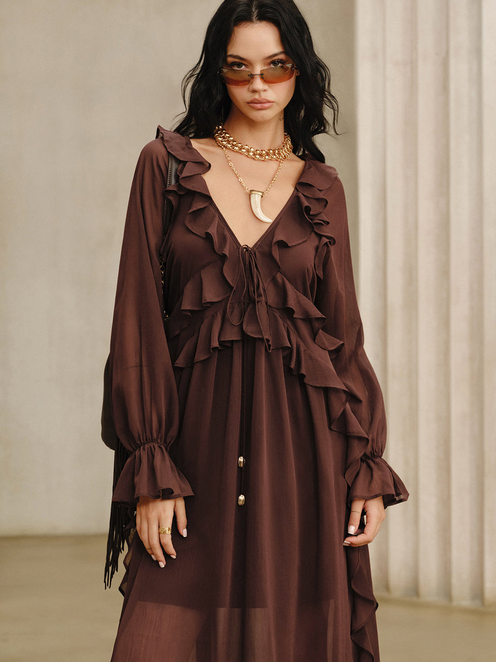 Maxikleid-Set aus gerafftem Chiffon mit Unterkleid