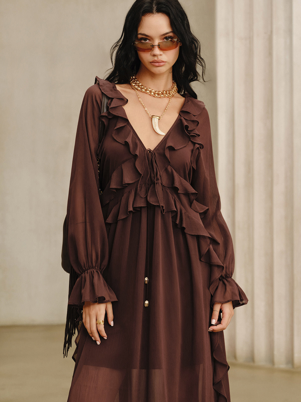 Ensemble Robe Longue en Mousseline Volantée avec Robe Doublure Caraco