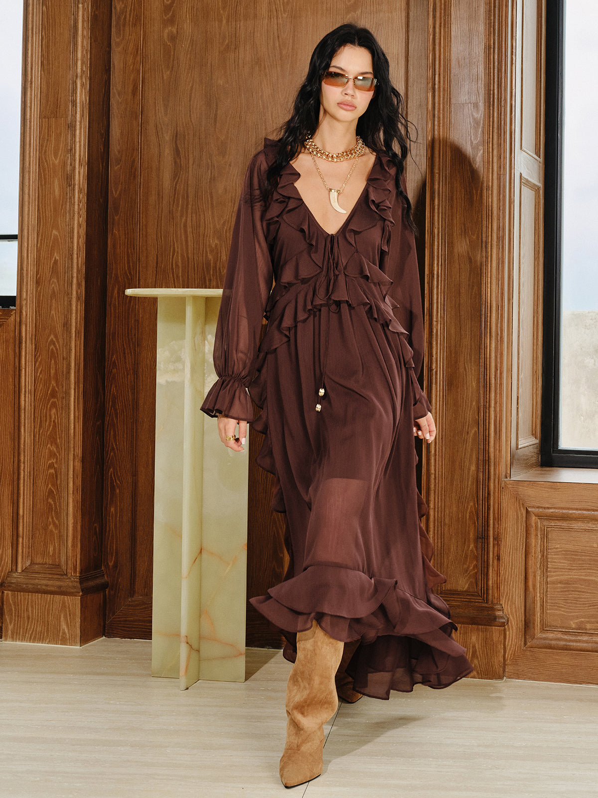 Ensemble Robe Longue en Mousseline Volantée avec Robe Doublure Caraco
