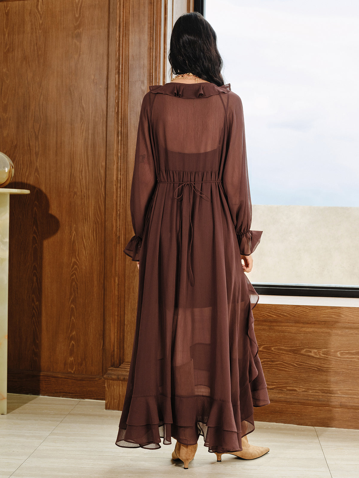 Ensemble robe longue en mousseline à volants avec doublure de robe à bretelles fines 