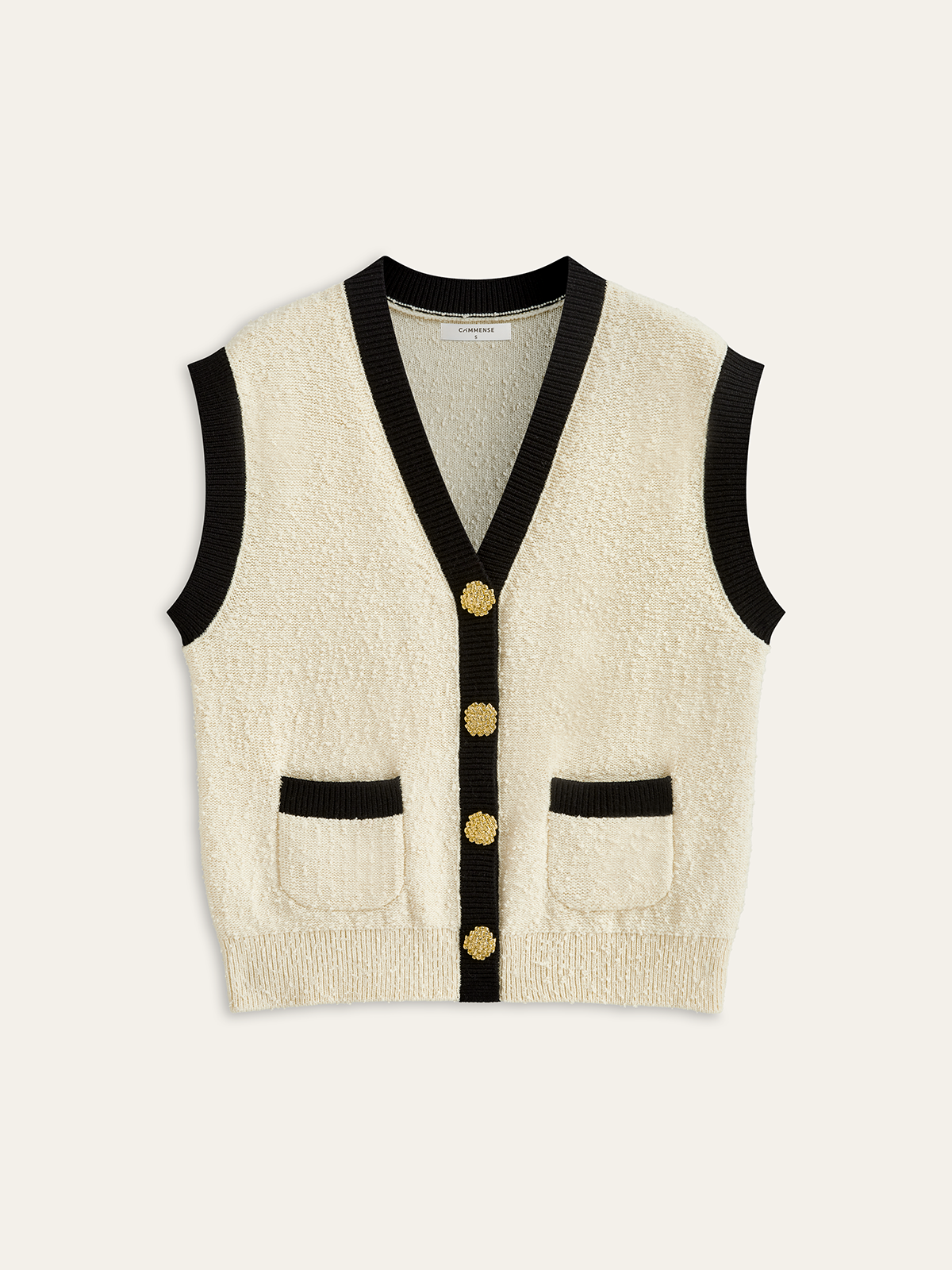Contrast Trim Metal Button Textured Knit Vest