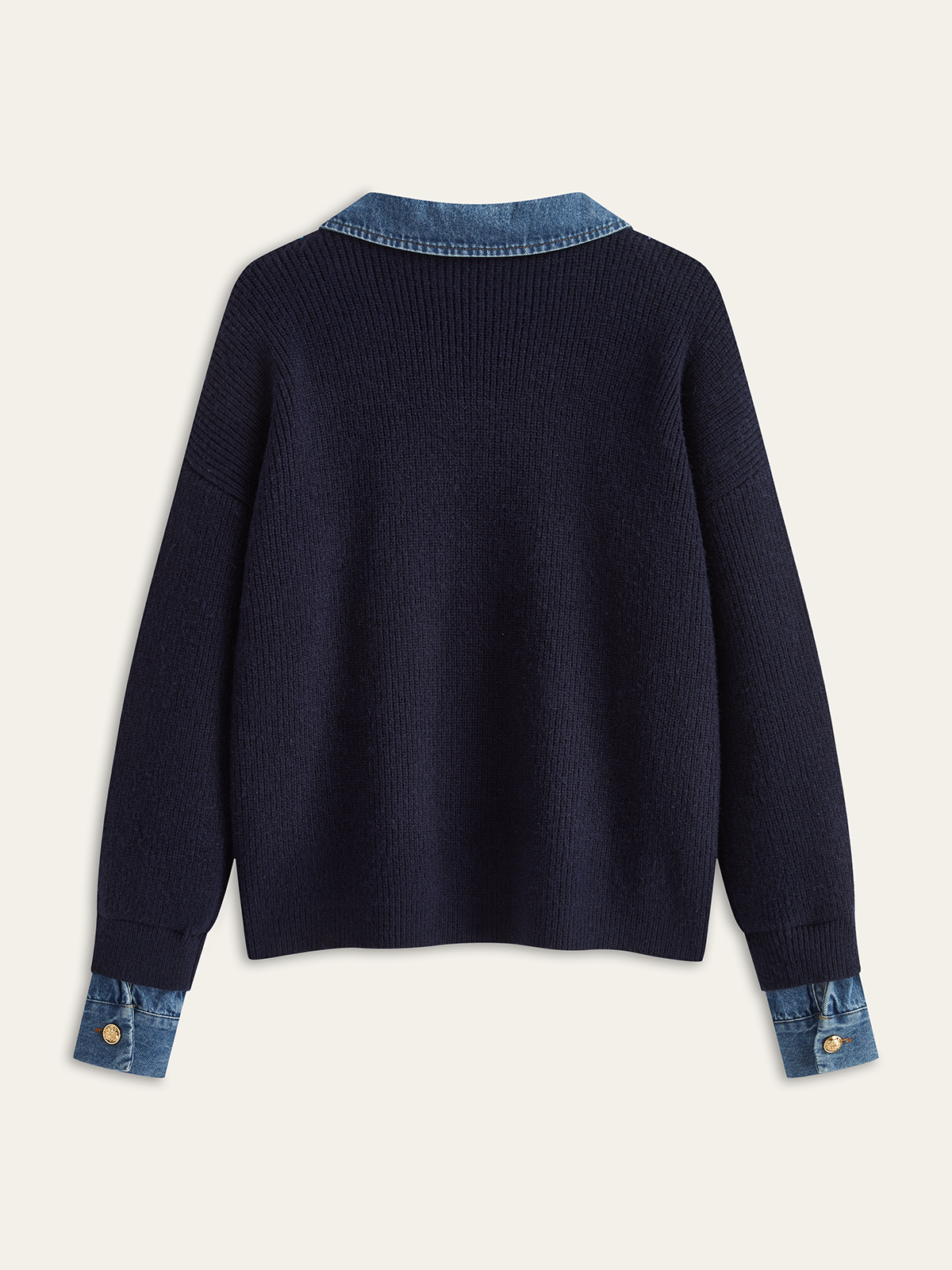 Denim Panel Asymmetric V-Neck Knit Top