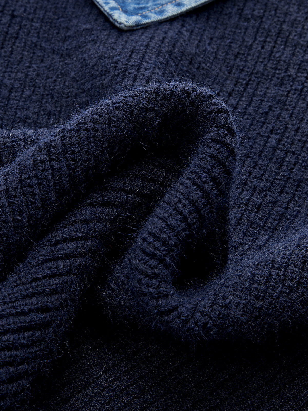 Denim Panel Asymmetric V-Neck Knit Top