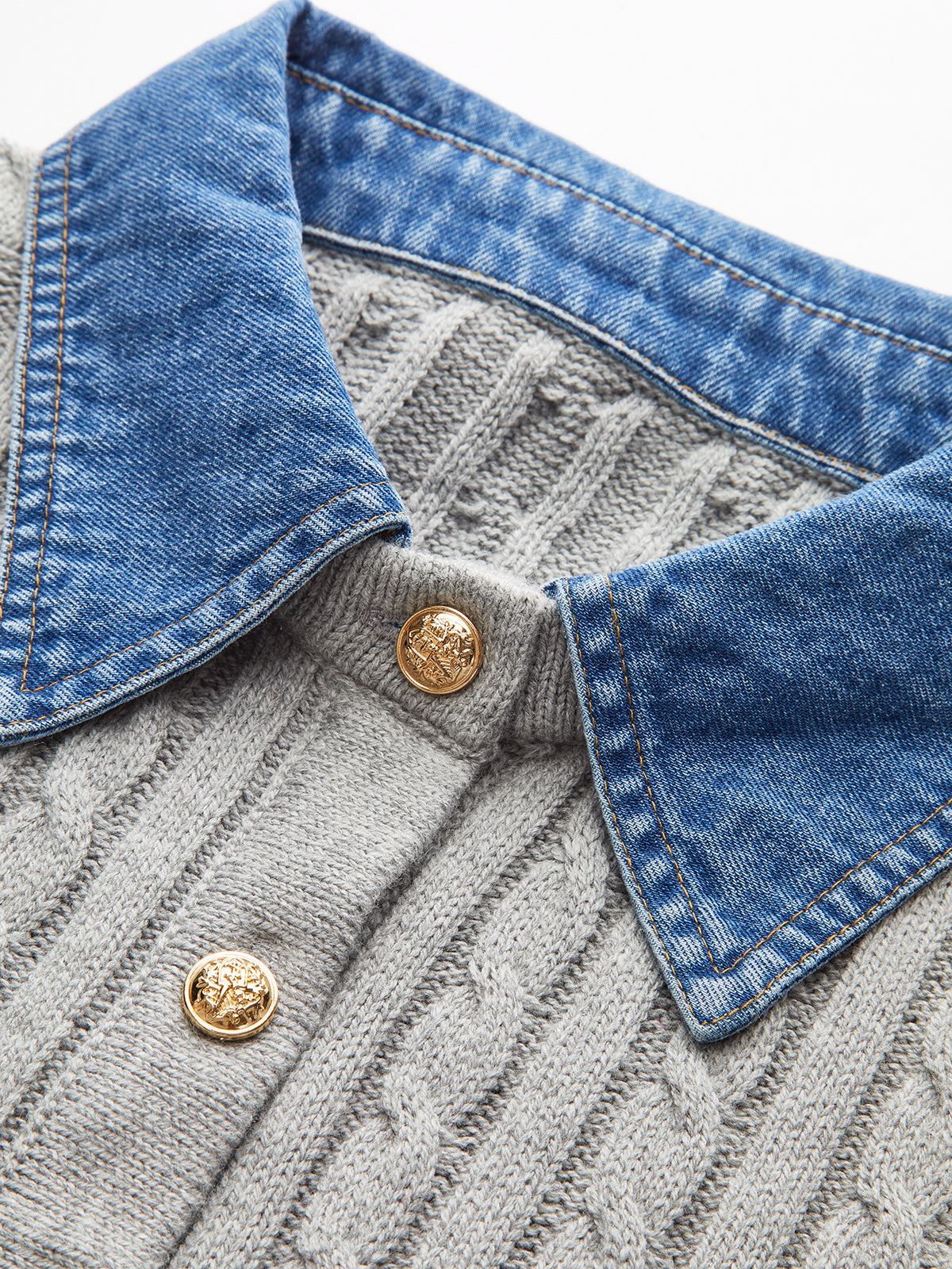 Metal Button Denim Collar Cable-Knit Top