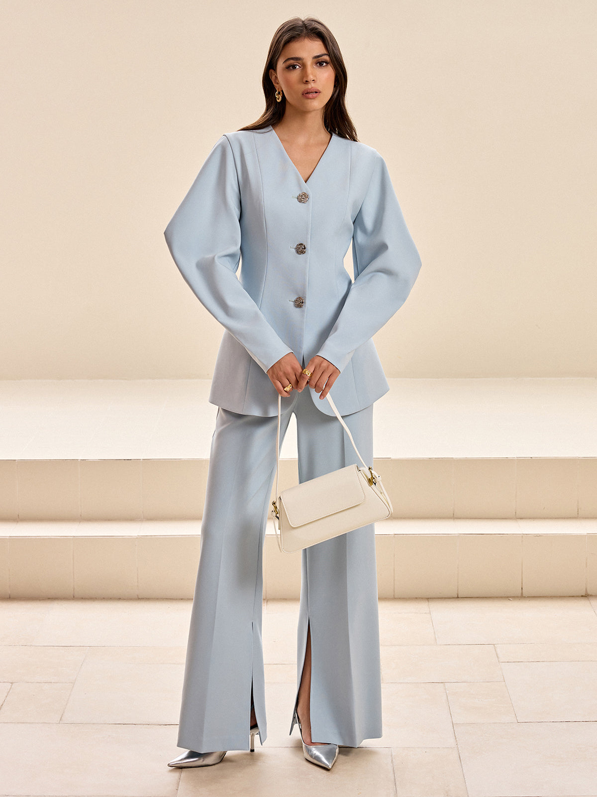 Pantalon fendu à taille mi-haute et jambes larges 