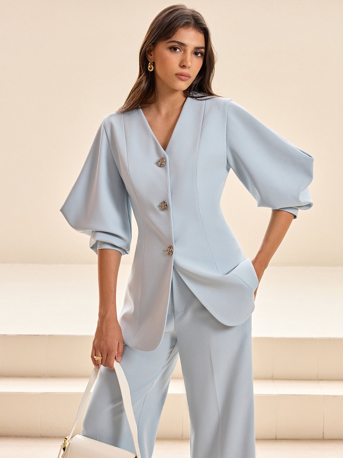Blazer mit Puffärmeln und V-Ausschnitt