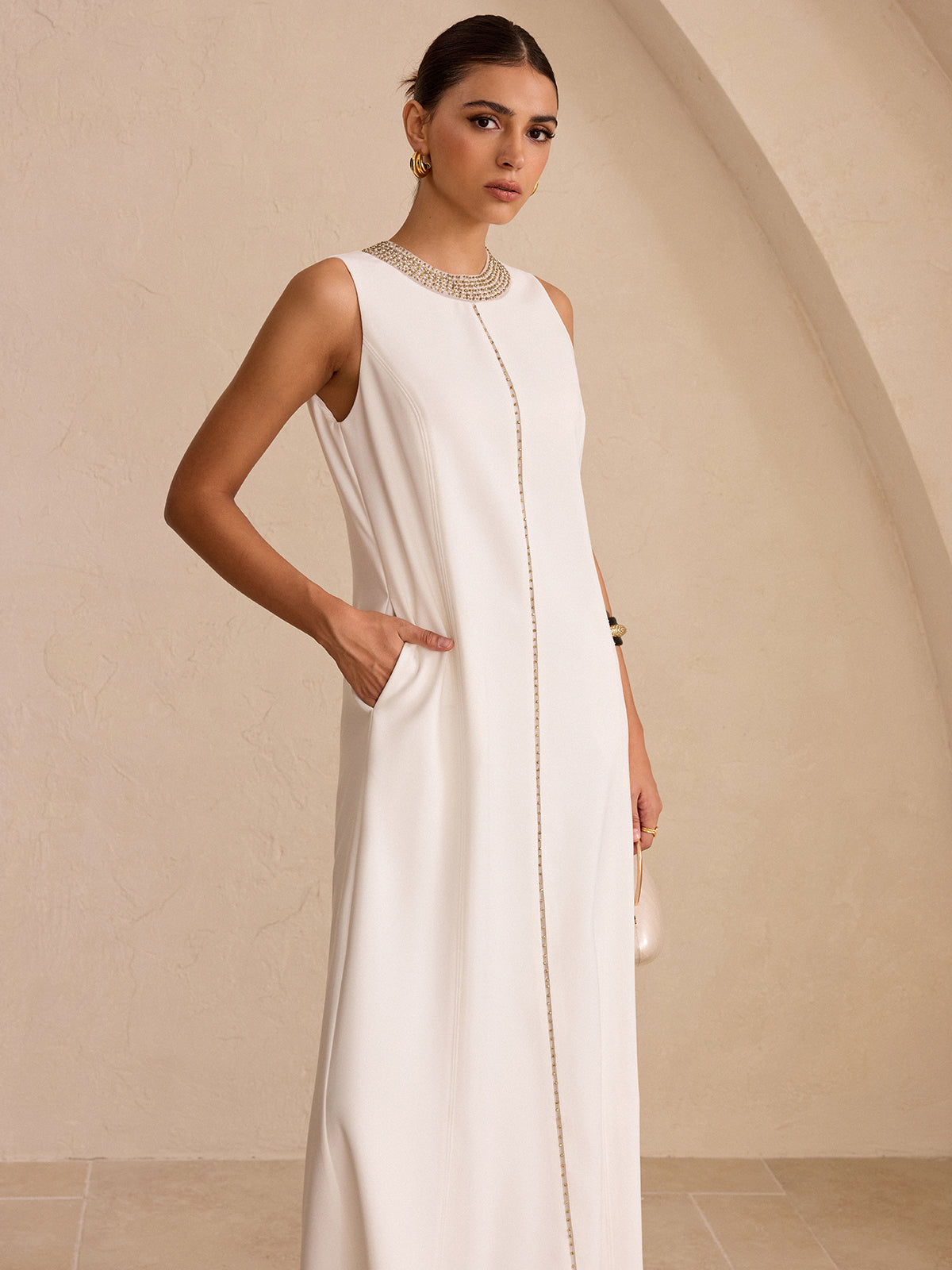 Hand-Beaded Neckline Pocket Maxi Dress