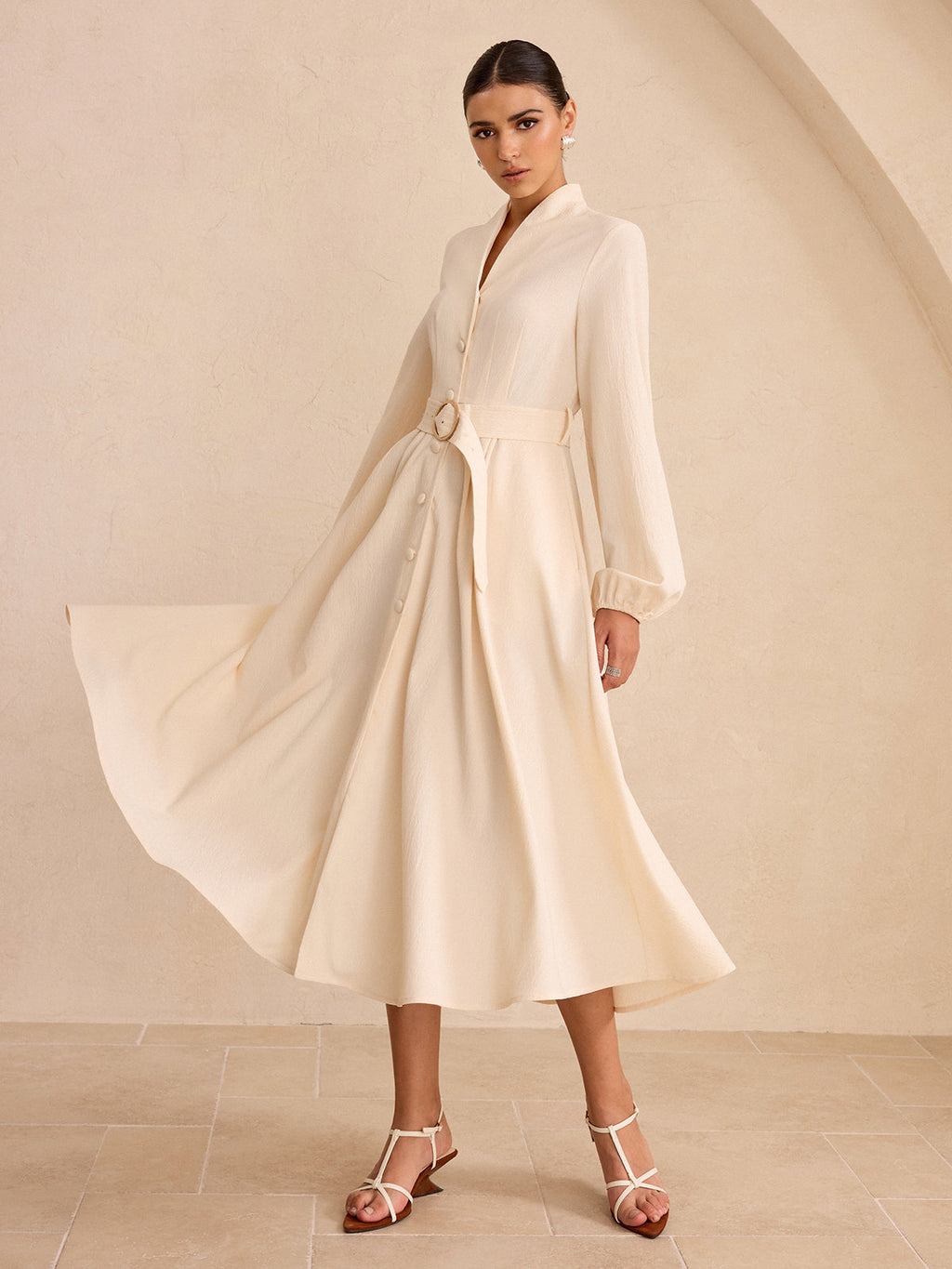 Belted Button-Front Long-Sleeve Midi Dress