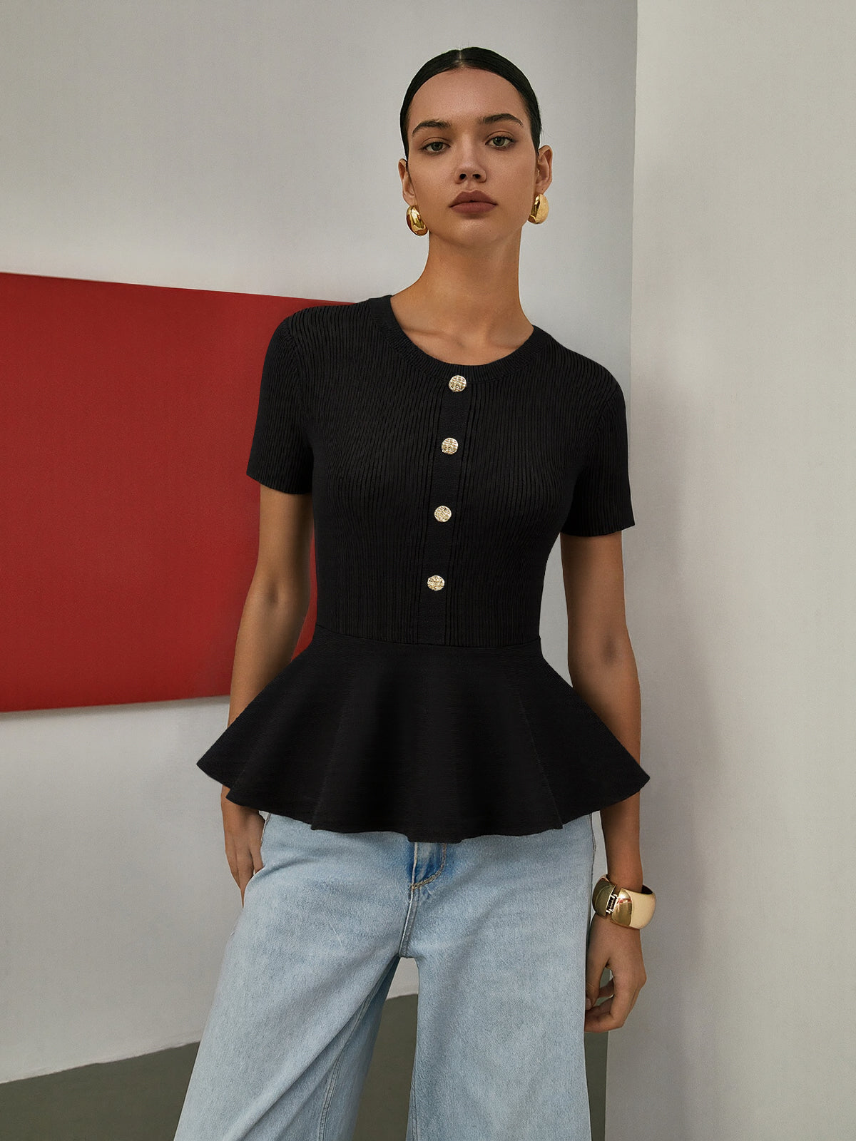 Metal Button Peplum Wool Knit Top