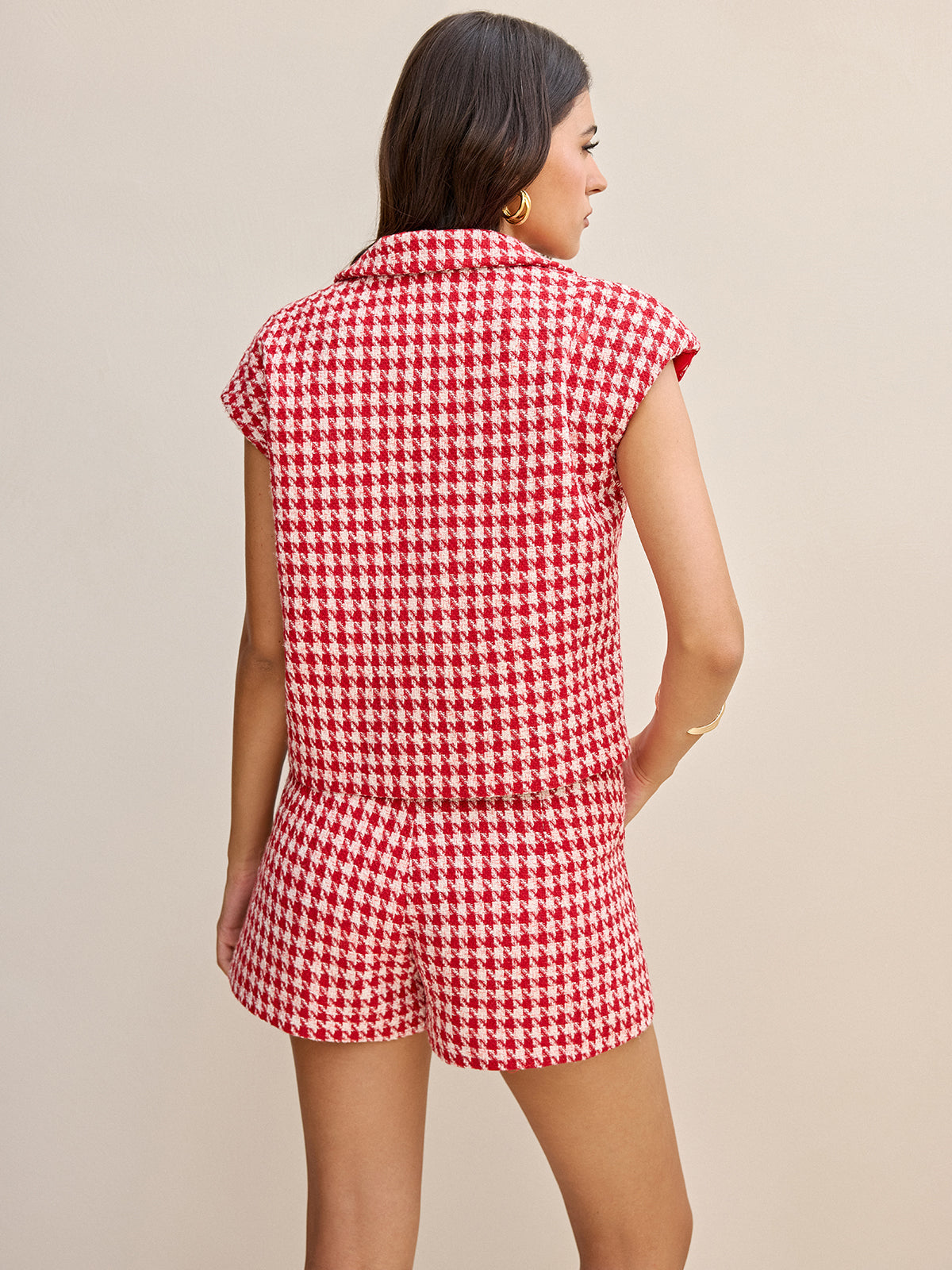 Houndstooth Tweed Collared Cap Sleeve Vest