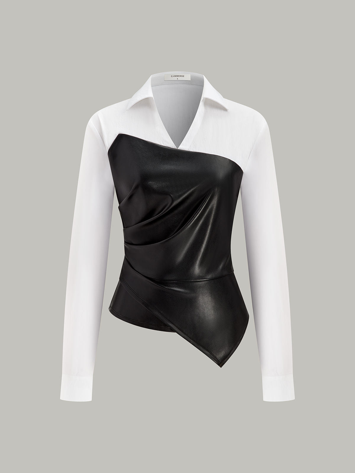 Asymmetric PU Leather Panel Blouse