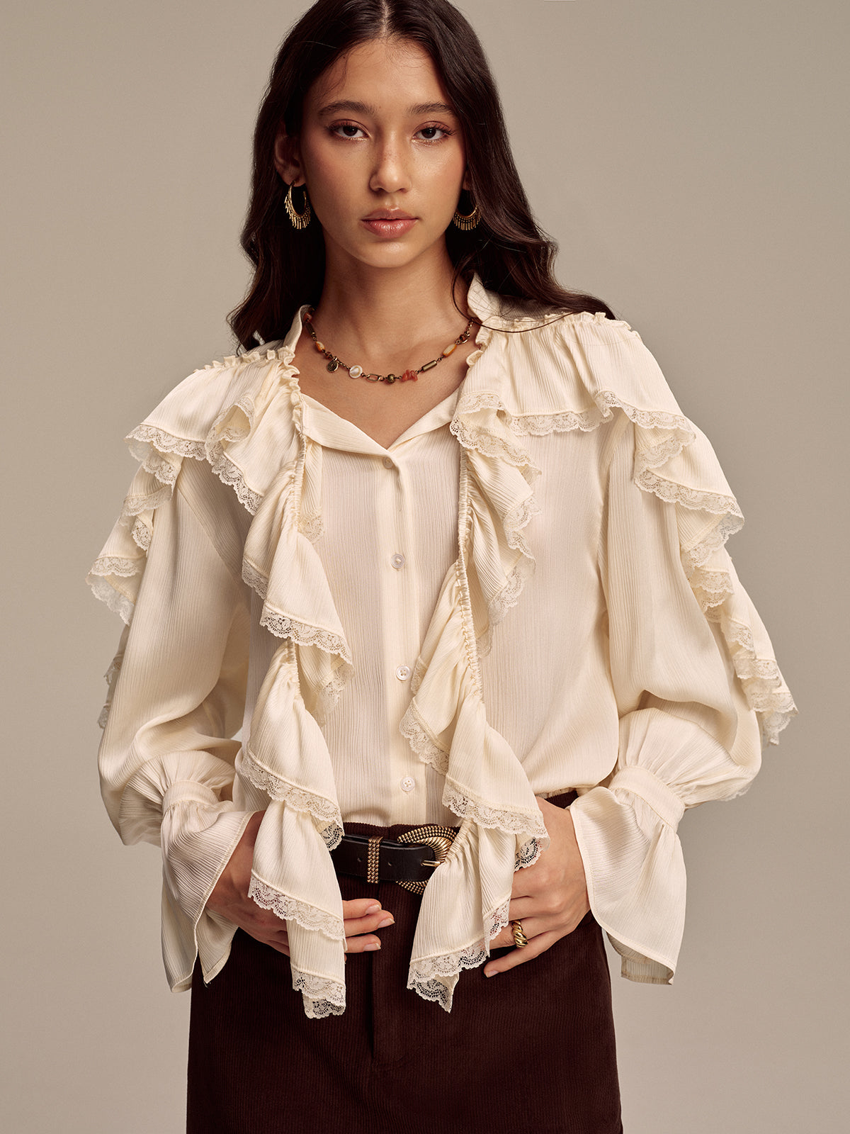 Ruffled Lace Trim Bell Sleeve Shirt