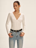 V-Ausschnitt Langarm Figurbetontes T-Shirt