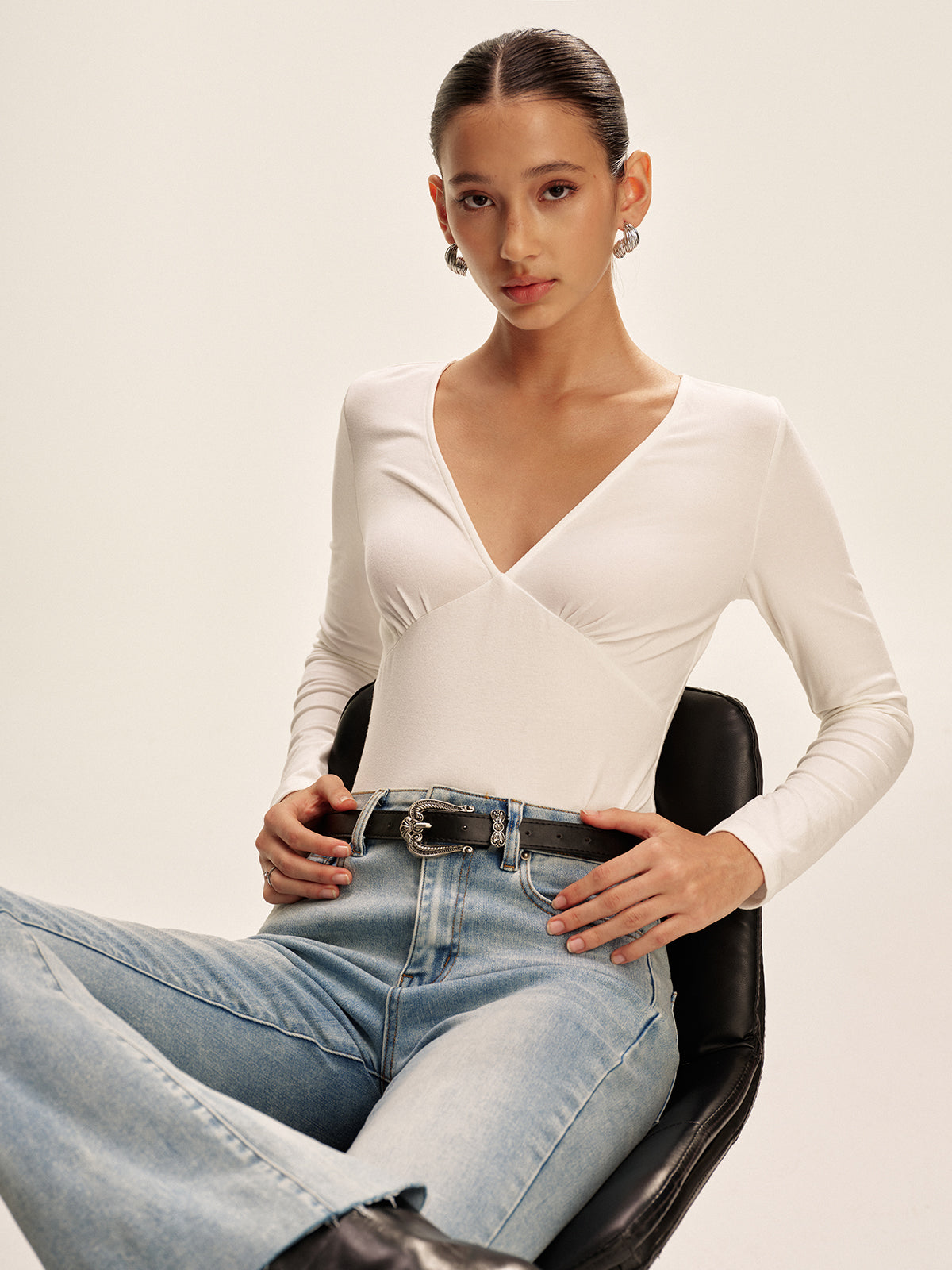 V-Neck Long Sleeve Fitted T-Shirt