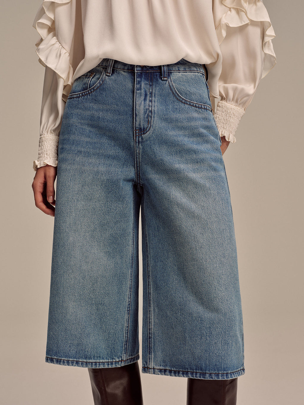 Jean large taille mi-haute sans ceinture