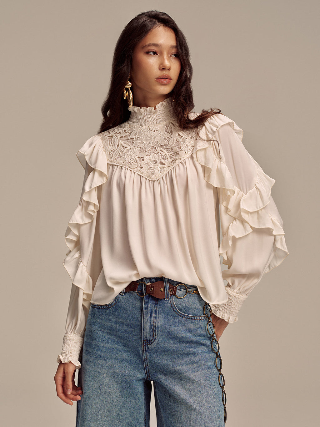 Embroidered Mock Neck Ruffled Blouse