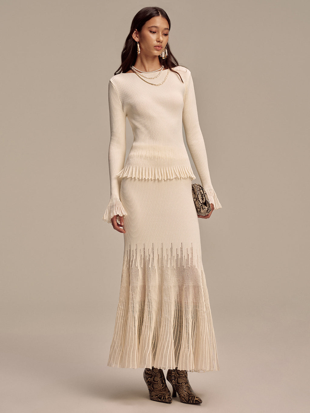 Ribbed Knit Mesh Ruffled Hem Bell Sleeve Top