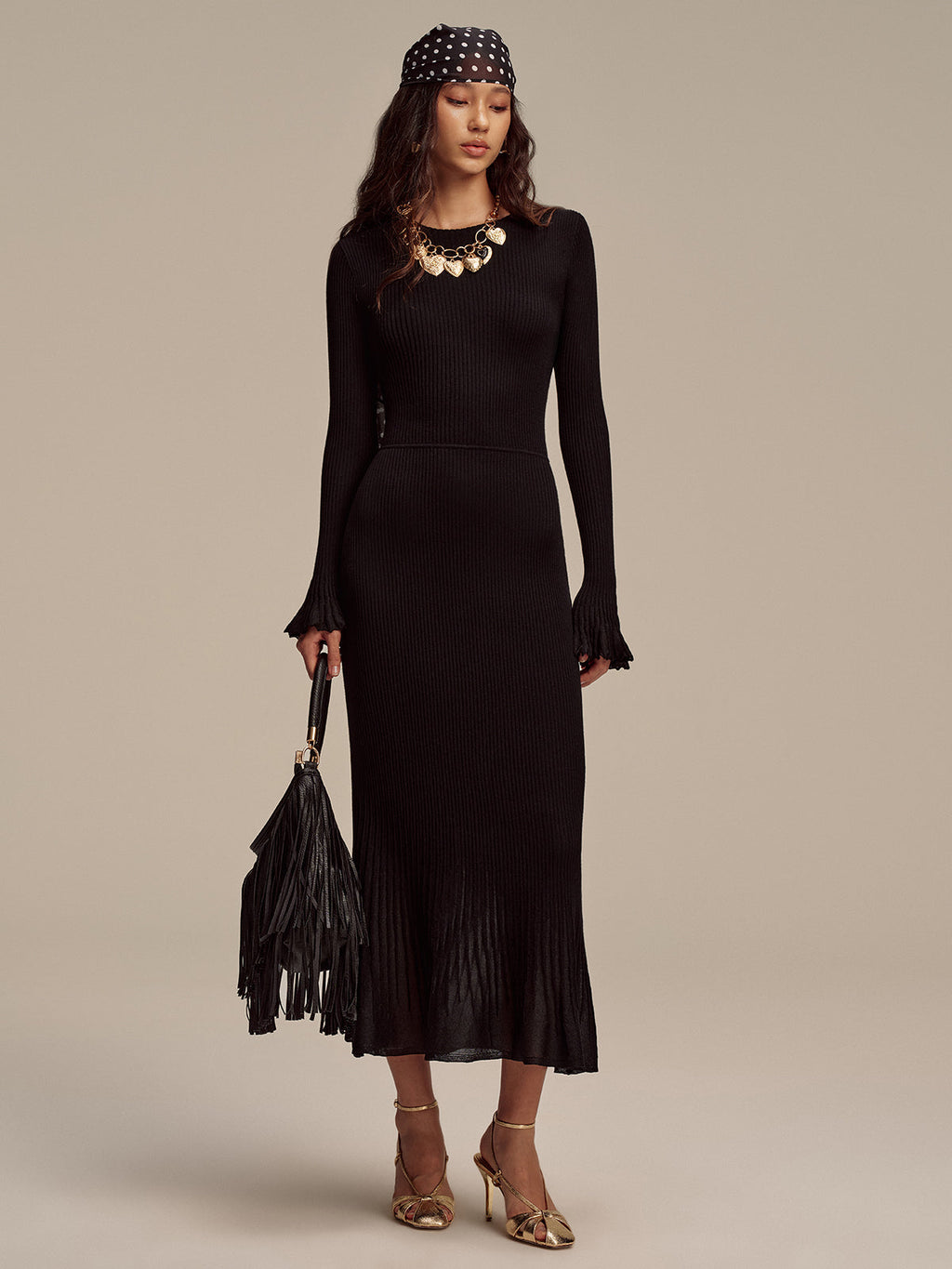 Robe longue en maille côtelée mélangée de laine à ourlet en résille