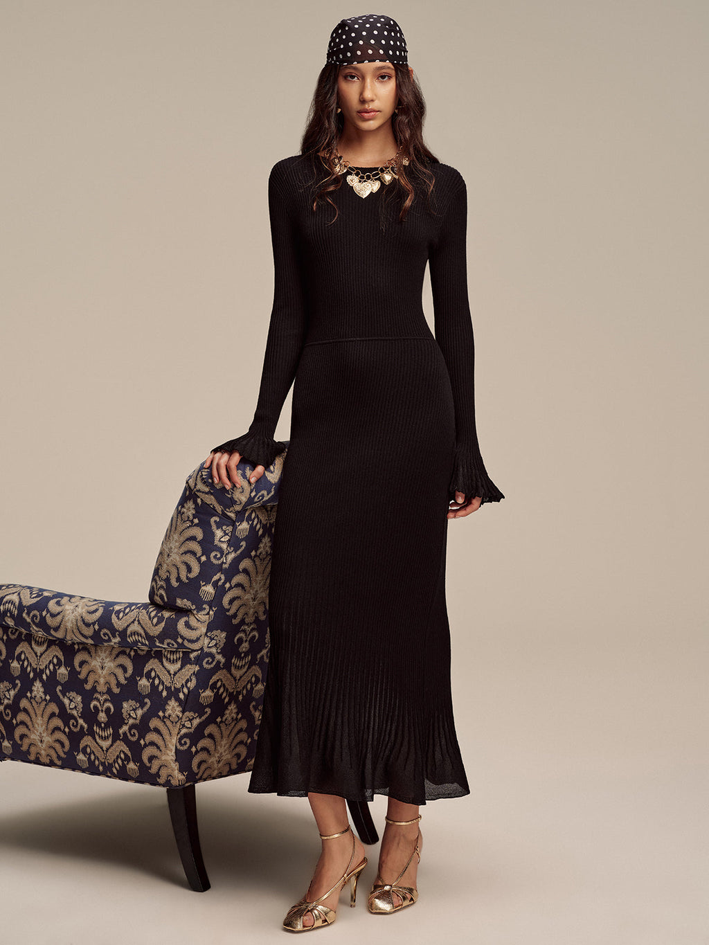 Robe longue en maille côtelée mélangée de laine à ourlet en résille