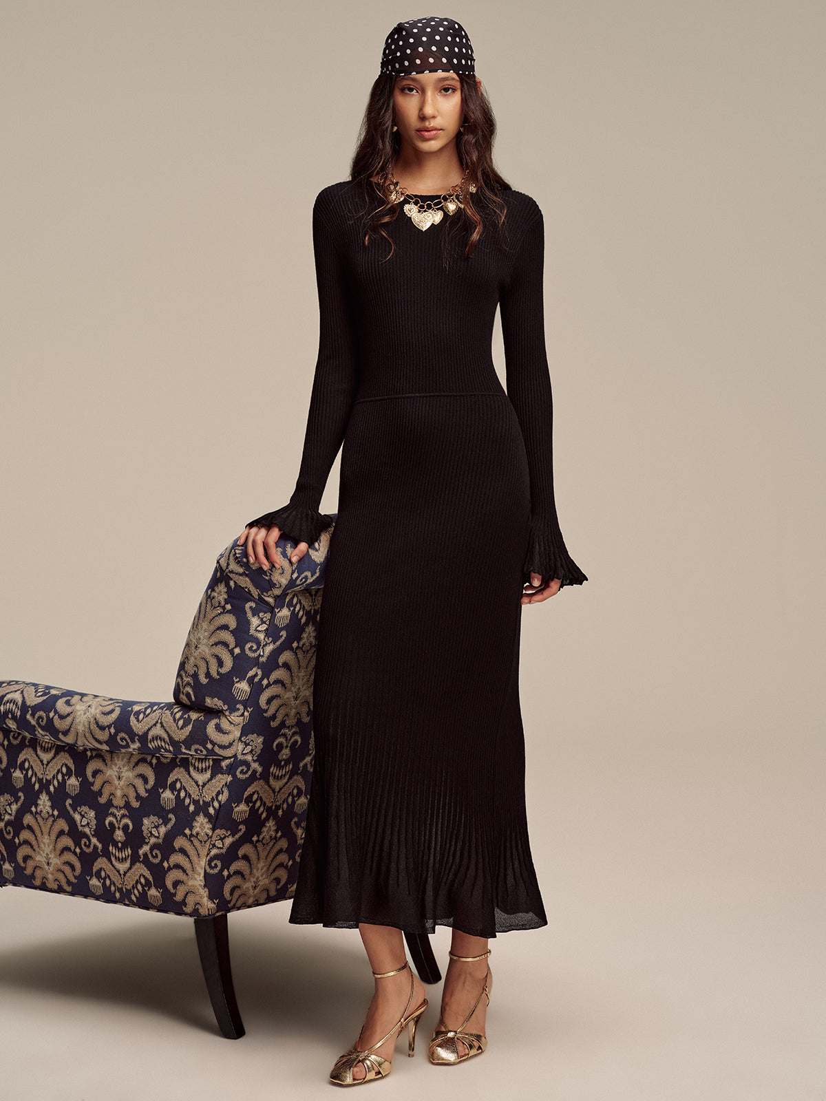 Robe longue en maille côtelée mélangée de laine à ourlet en résille