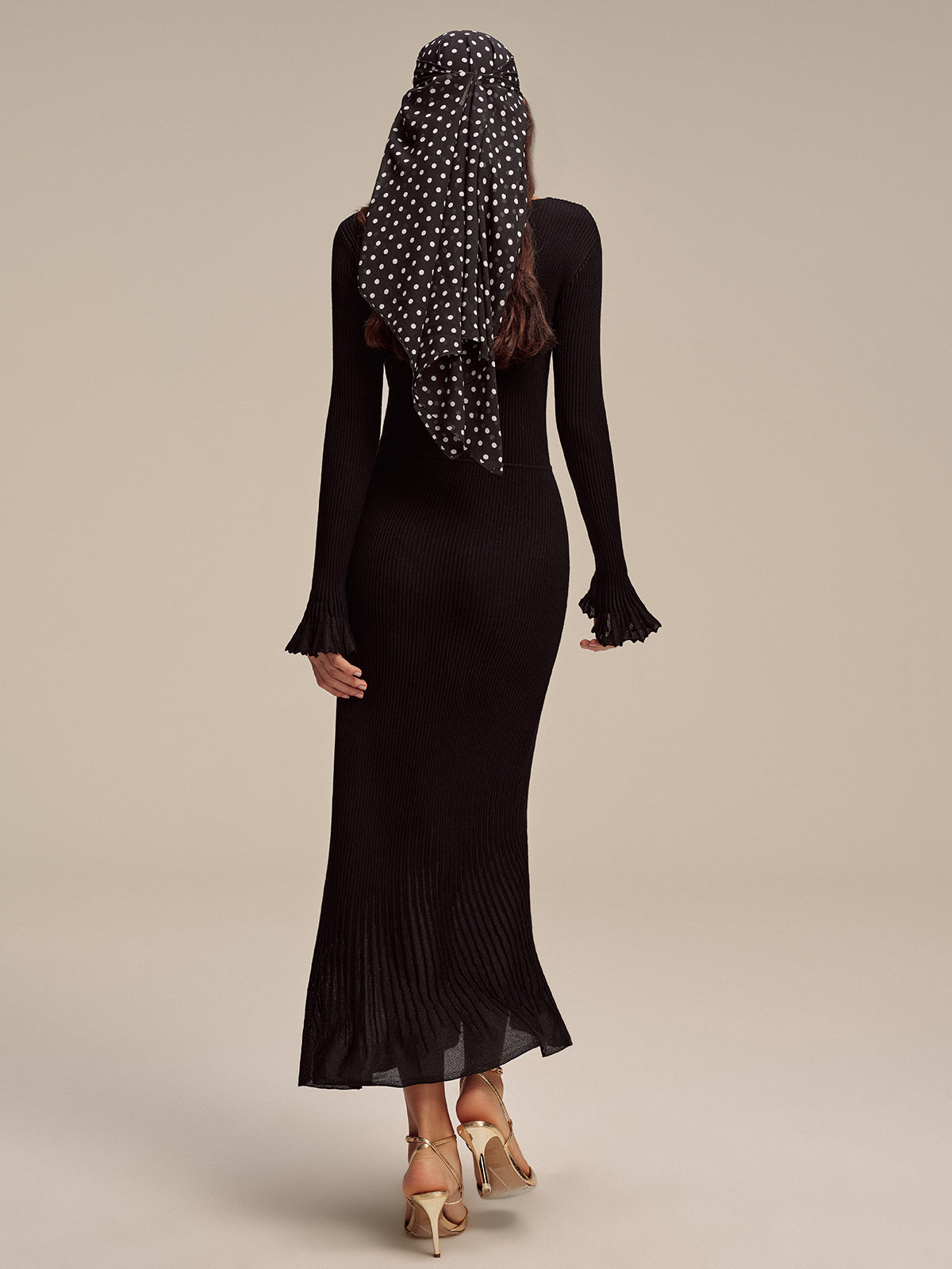 Wool Blend Ribbed Knit Maxi Dress with Mesh Hem