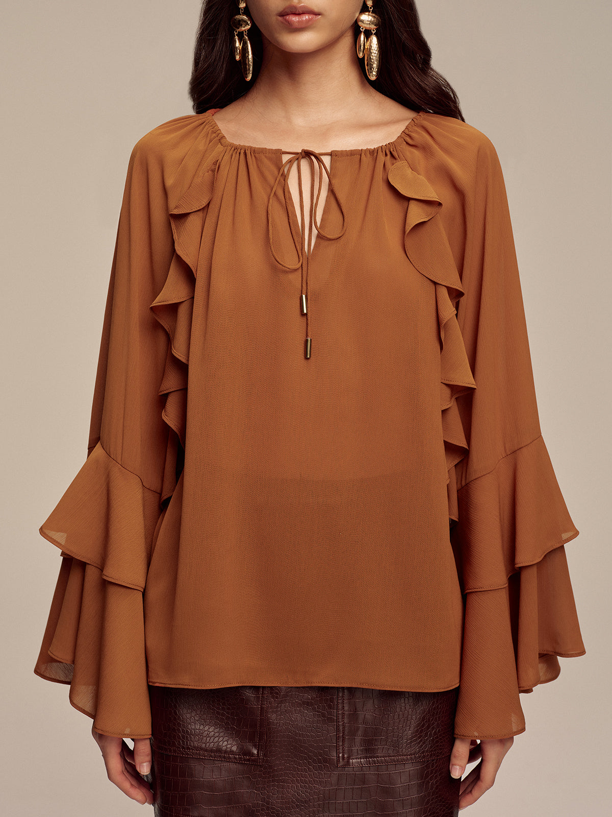 Chiffon Ruffled Tiered Sleeve Tie-Neck Blouse