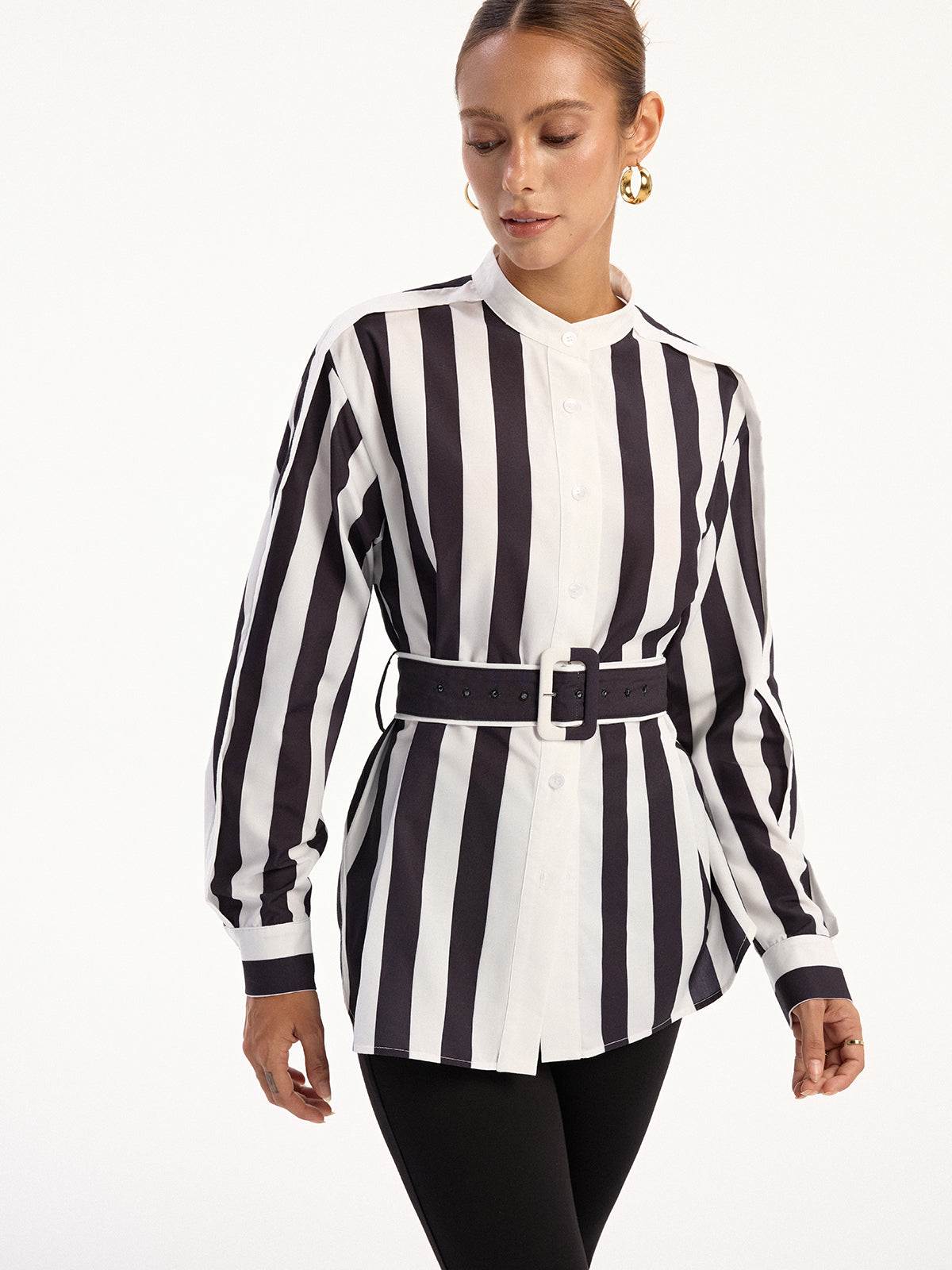Contrast Striped Belted Shirt