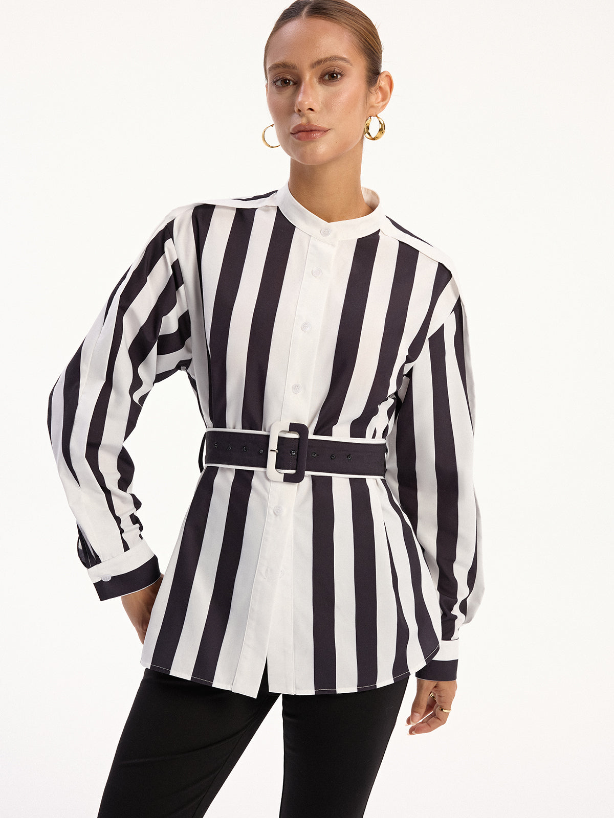 Contrast Striped Belted Shirt
