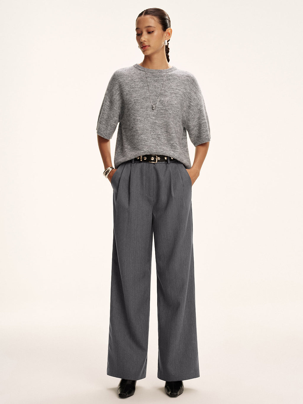 Pantalon plissé en mélange de coton, sans ceinture