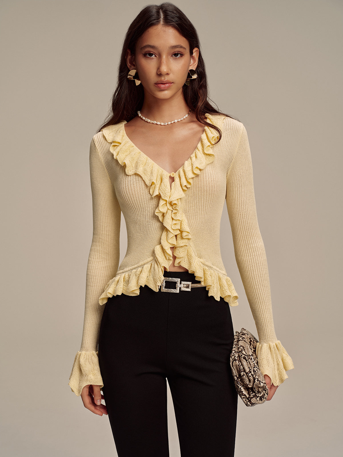 Ruffled V-Neck Knit Cardigan